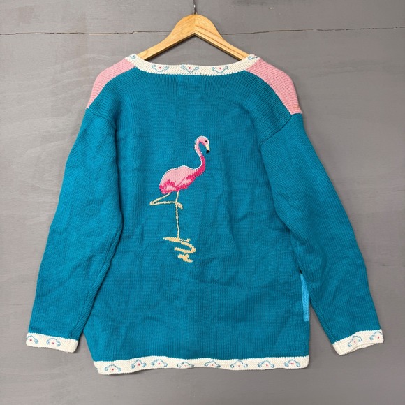 Storybook Knits Vintage Flamingo Palm Tree Cardigan Sweater Blue Pink Large - Picture 2 of 6